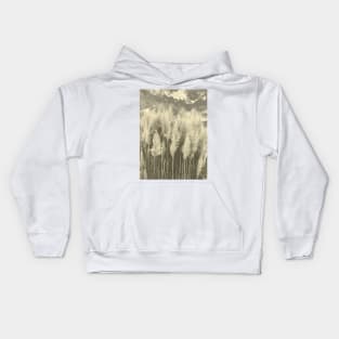 White Pampas Grass with dramatic sky above, nature sepia color photography Kids Hoodie